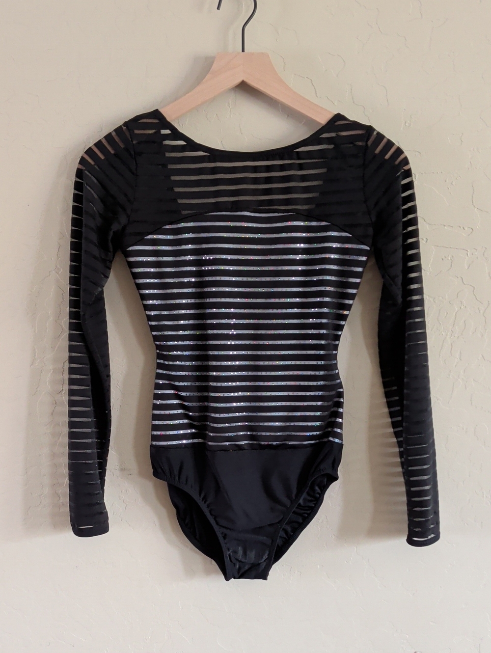 Black Long-Sleeve Striped Leotard with Silver Accent